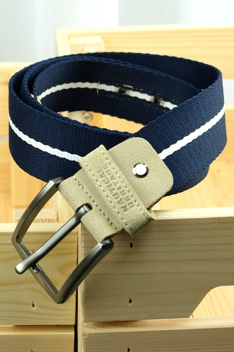 Navy blue belt with white accessories - 115 cm (0530-10) zdjęcie 1
