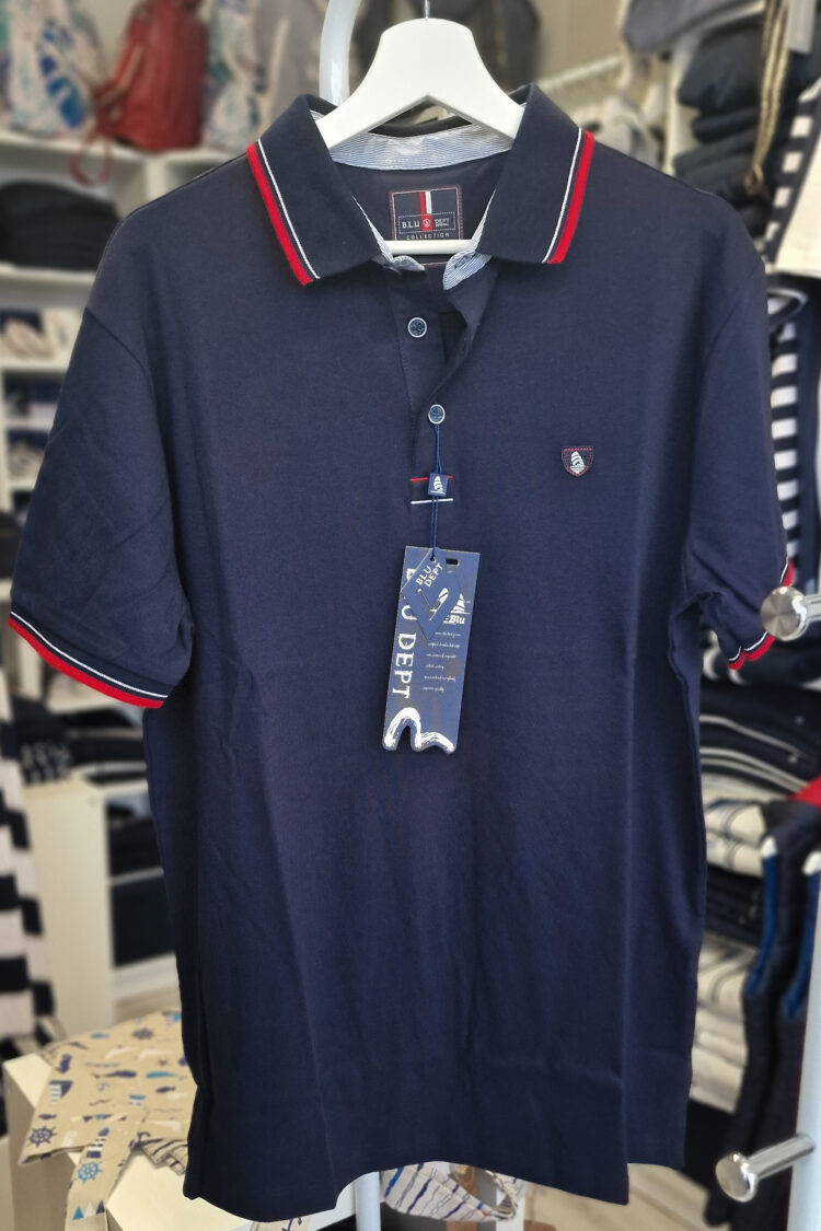 Navy blue classic polo shirt with red inserts (0779-1) zdjęcie 1