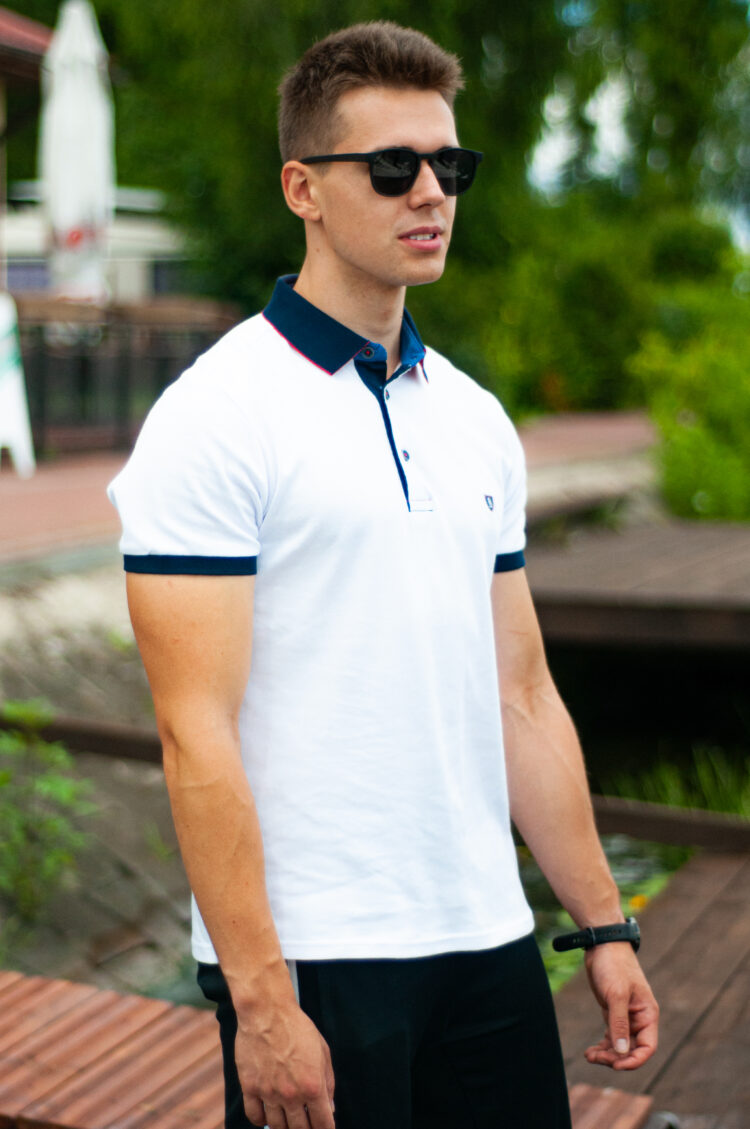 White classic polo shirt with navy blue collar (0779-2) zdjęcie 5