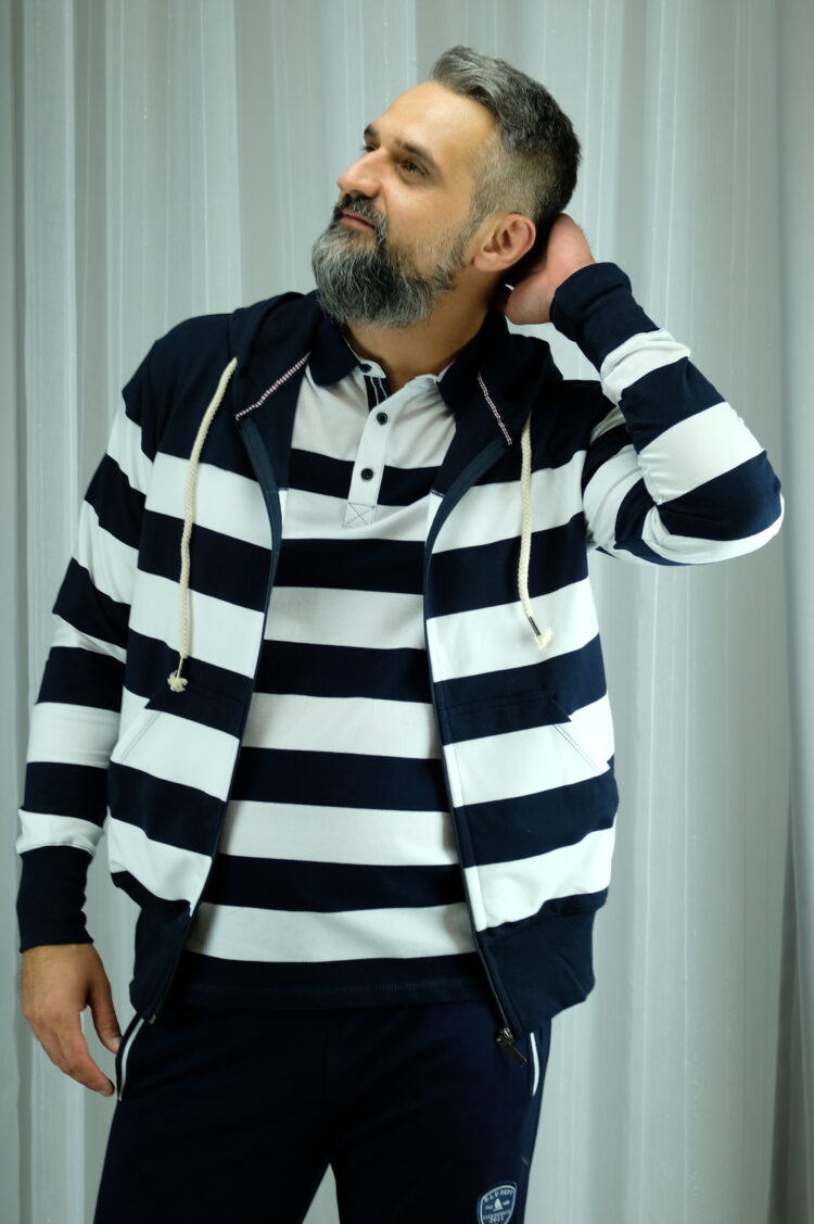 Navy blue and white striped hooded sweatshirt (0672-1) zdjęcie 4