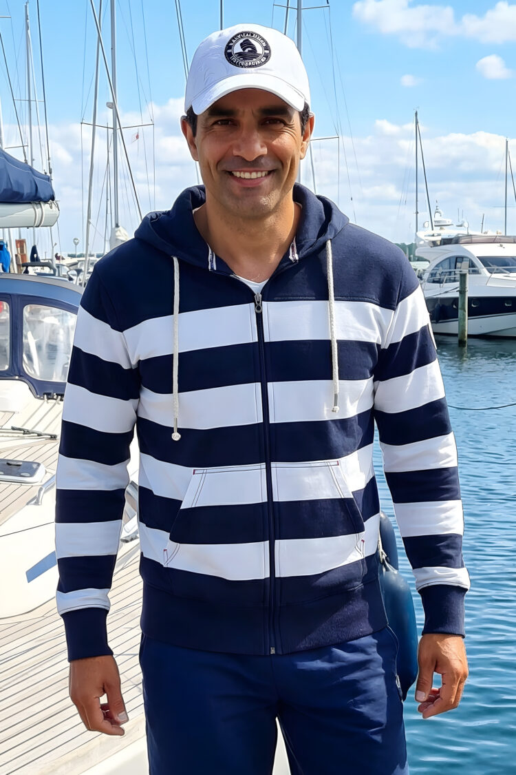 Men's BLU sweatshirt with white and navy blue stripes, hooded, zip fastening (0672-1) zdjęcie 1