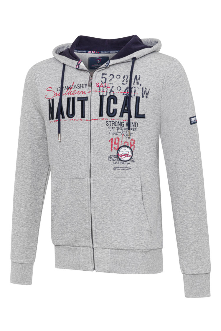 Men's BLU sailing sweatshirt – gray with hood, zipper, NAUTICAL style (0798-1) zdjęcie 1