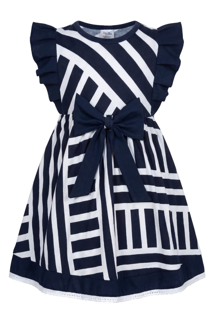 Dziewczęca sukienka BLU w paski z motylkowymi rękawkami i kokardą – marynistyczny styl (1518) zdjęcie 3